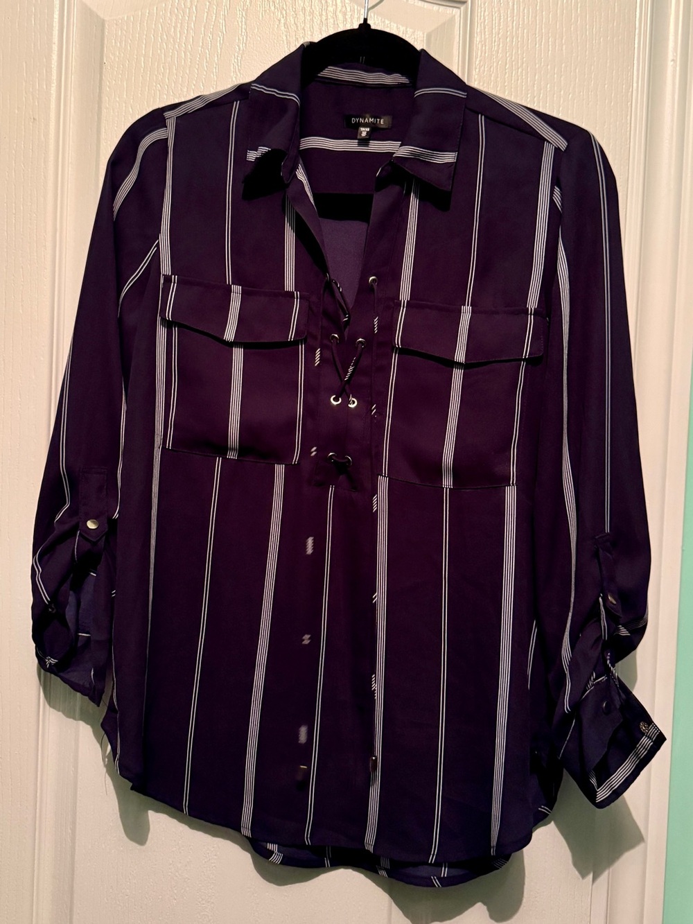 Dynamite Lace-Up Vertical Stripe Shirt